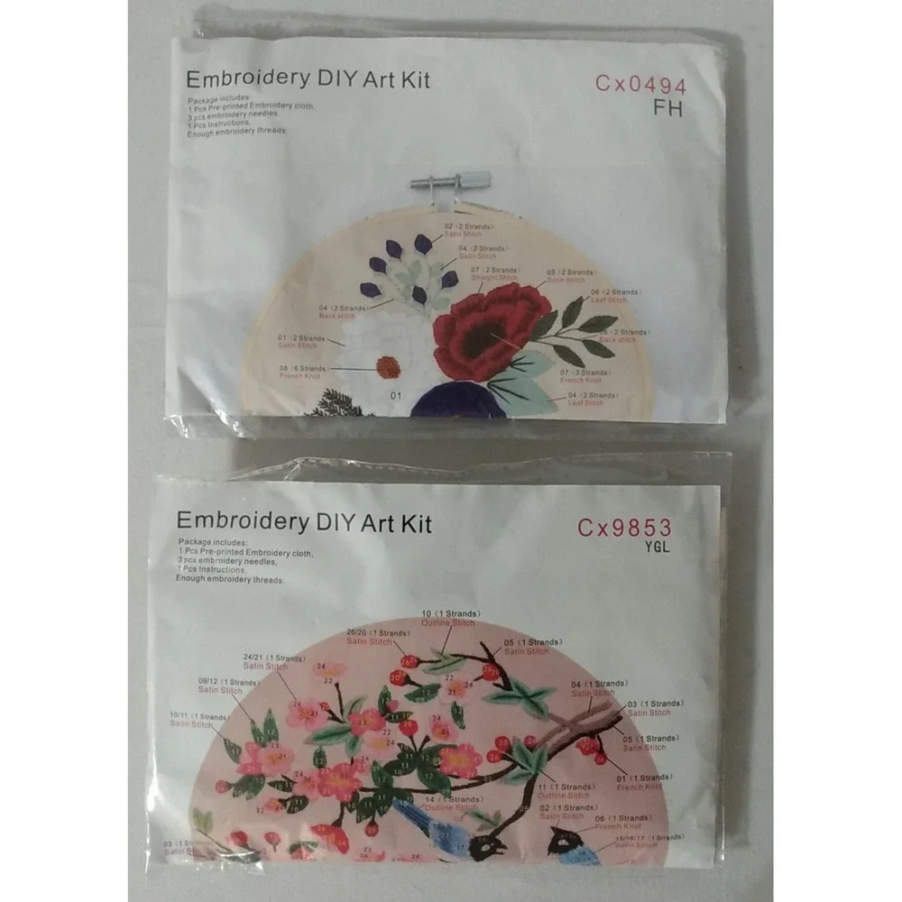 Embroidery DIY Starter Kits for Beginners Lot of 2 Stamped Plants Flowers Birds